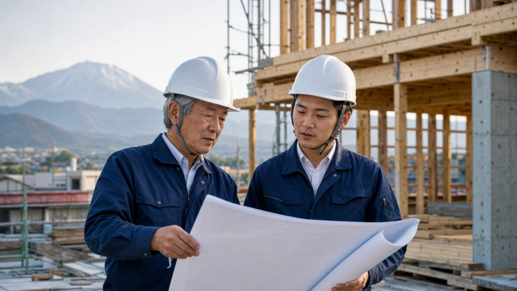 建設現場で図面と会社承継を確認する経営者と後継担当者