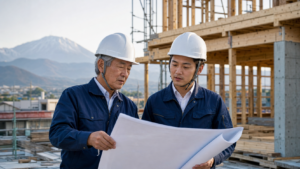 建設現場で図面と会社承継を確認する経営者と後継担当者