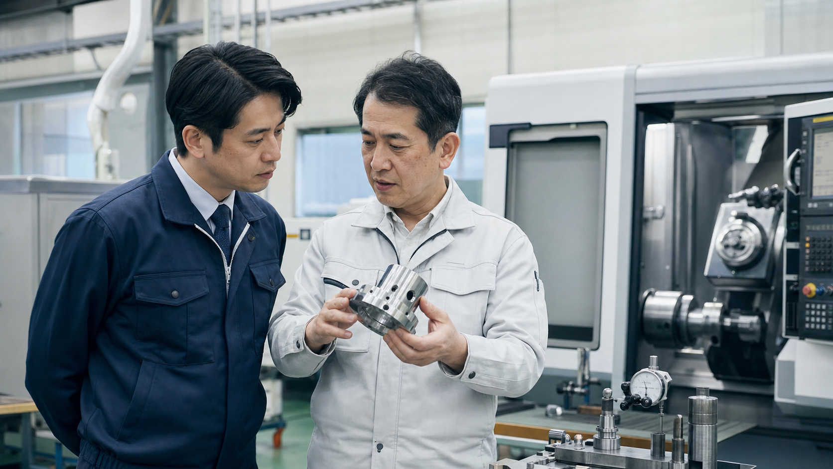 精密加工工場で加工部品と技術承継を確認する技術者と担当者