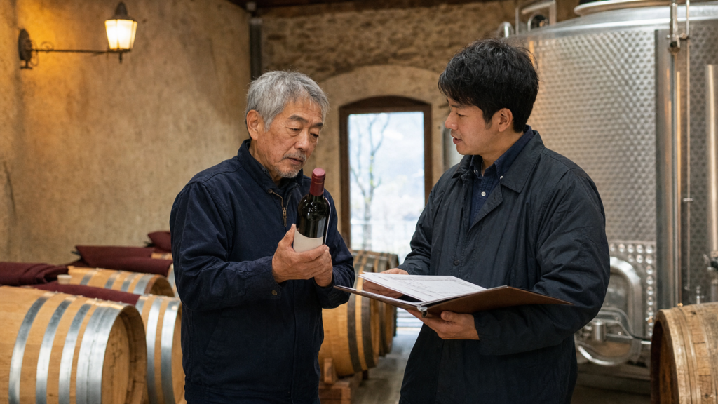 山梨のワイナリーでブランドと醸造の引き継ぎを話す経営者