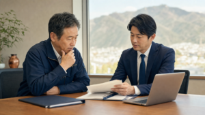 甲府の会社経営者と事業承継の資料を確認する相談担当者