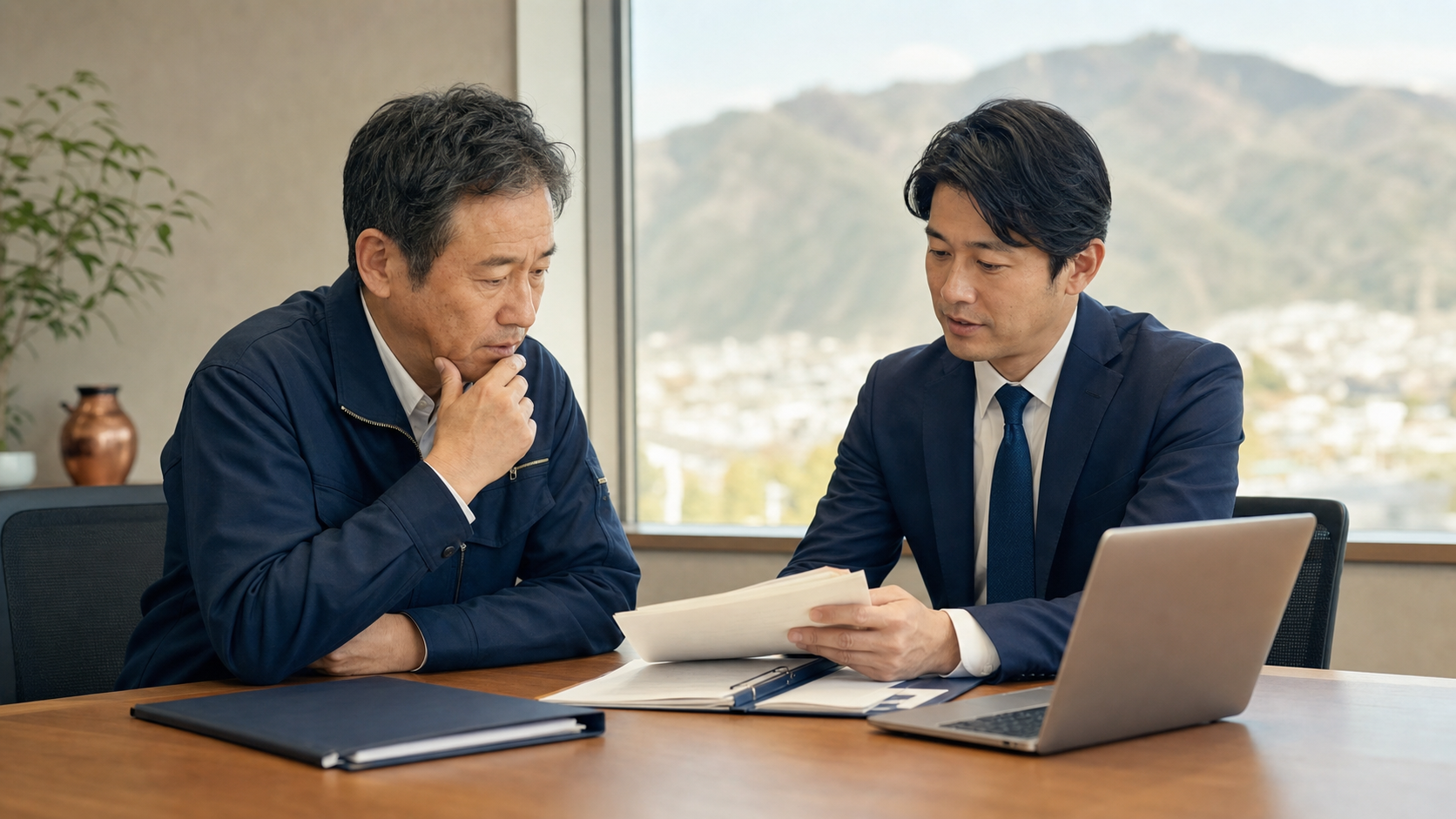 甲府の会社経営者と事業承継の資料を確認する相談担当者