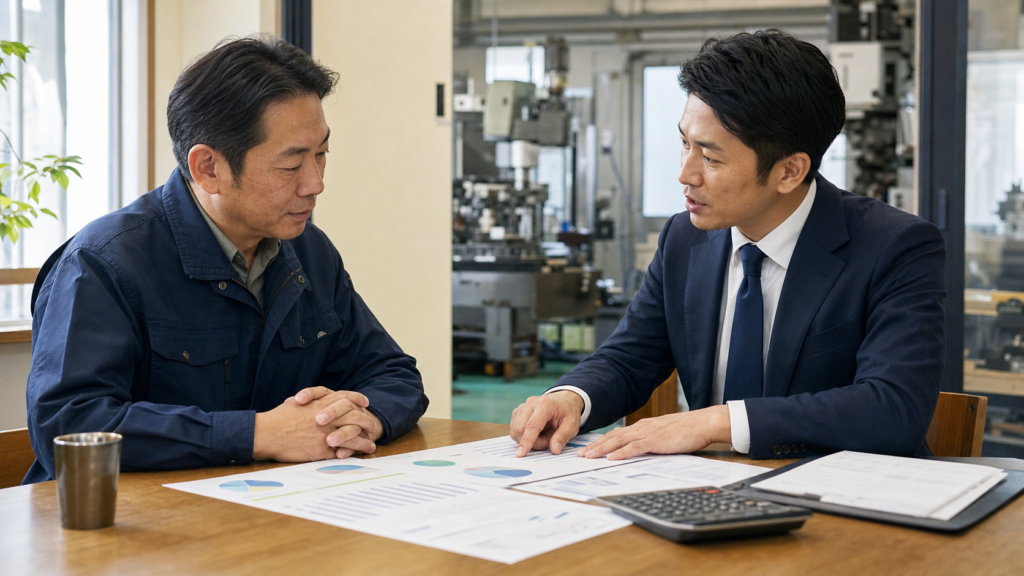 製造会社の企業価値と株式価値を資料で確認する経営者と担当者
