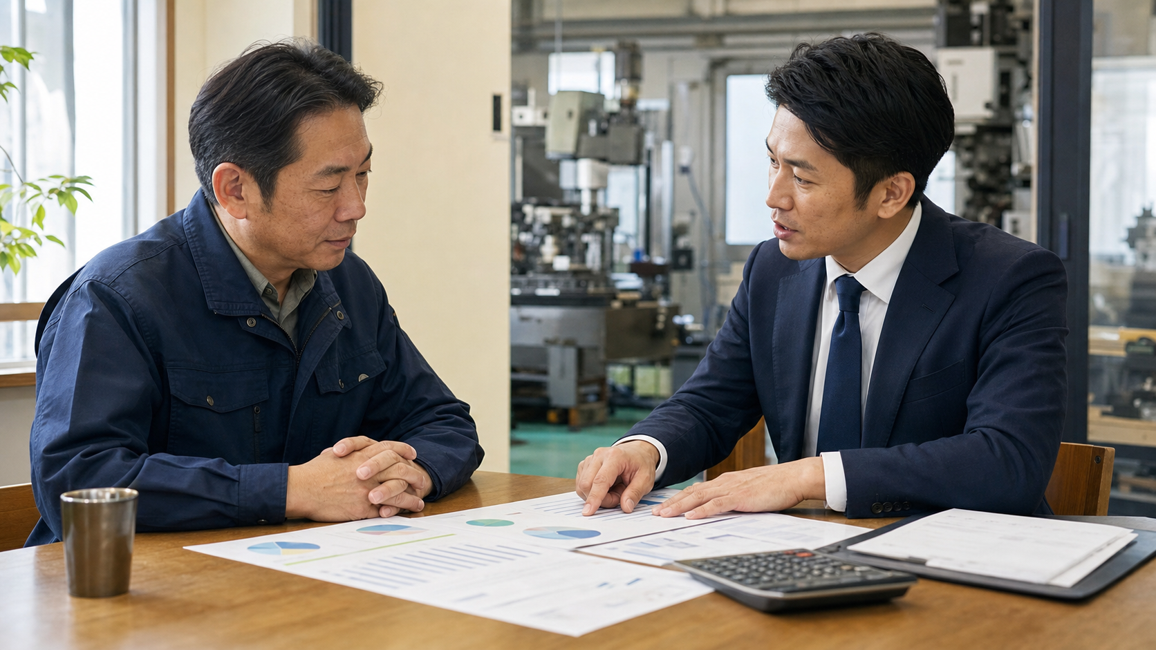 製造会社の企業価値と株式価値を資料で確認する経営者と担当者