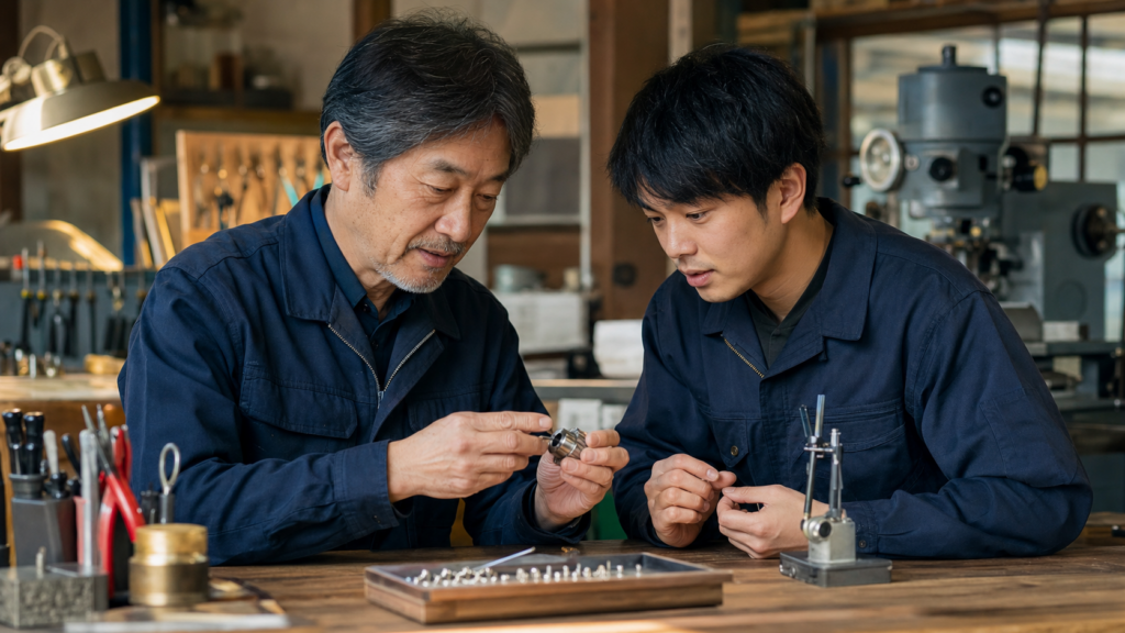 山梨のものづくり現場で精密部品と技術承継を確認する職人