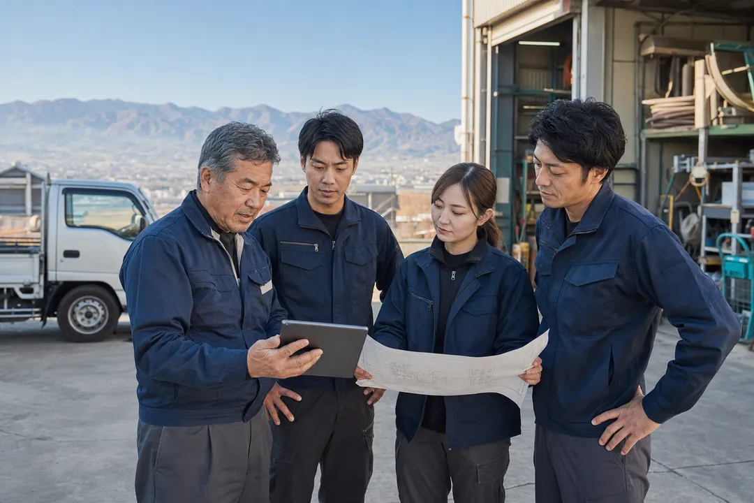 山梨の事業所で作業内容を確認する経営者とスタッフのイメージ
