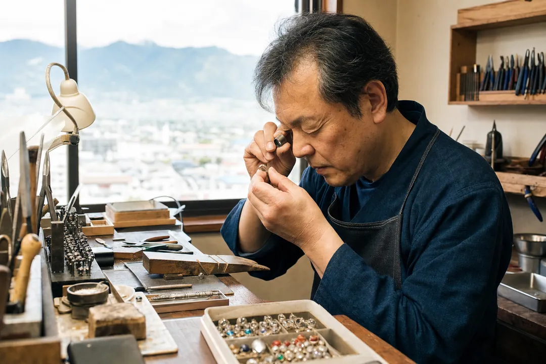 甲府の宝飾工房で石留めを確認する職人のイメージ