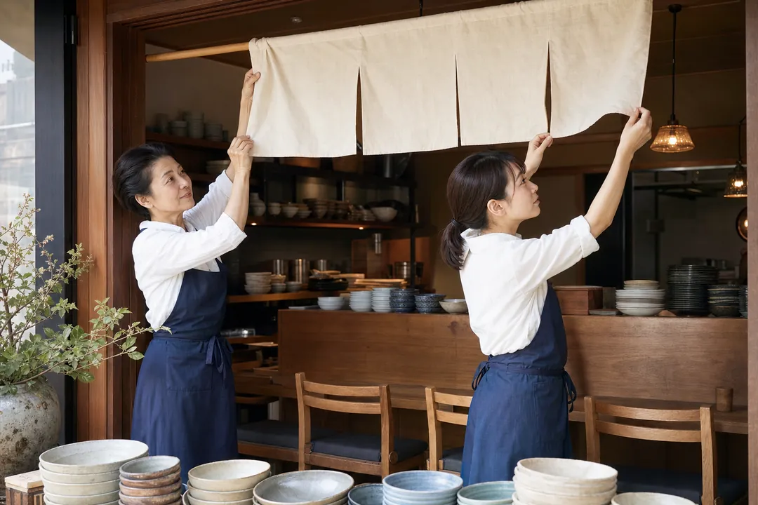 営業前の店内で準備をする飲食店の店主とスタッフのイメージ