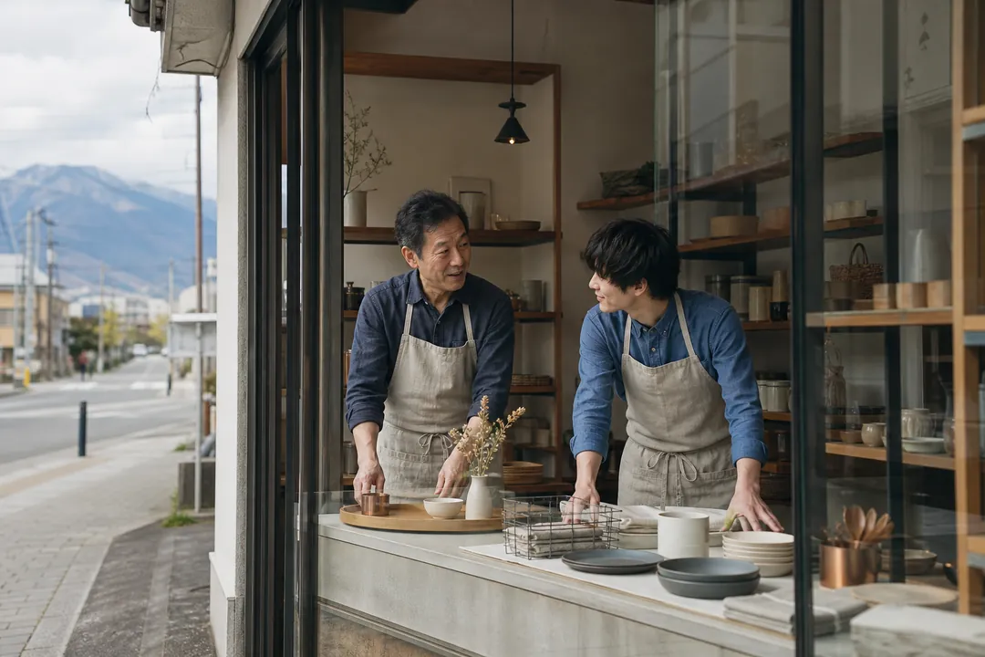 甲府の街なかで開店準備をする小売店の店主とスタッフのイメージ