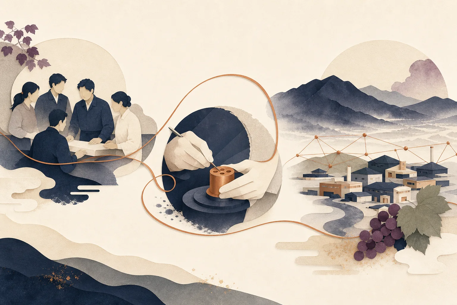 人、ものづくり、甲府の地域とのつながりを一筆の線で結んだイラスト
