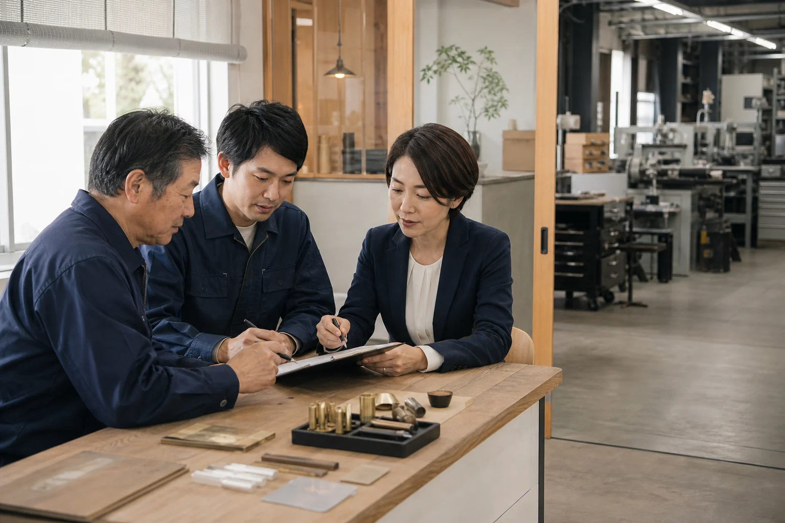 甲府の工房で事業の引き継ぎ項目を確認する経営者・後継者・アドバイザーの生成イメージ