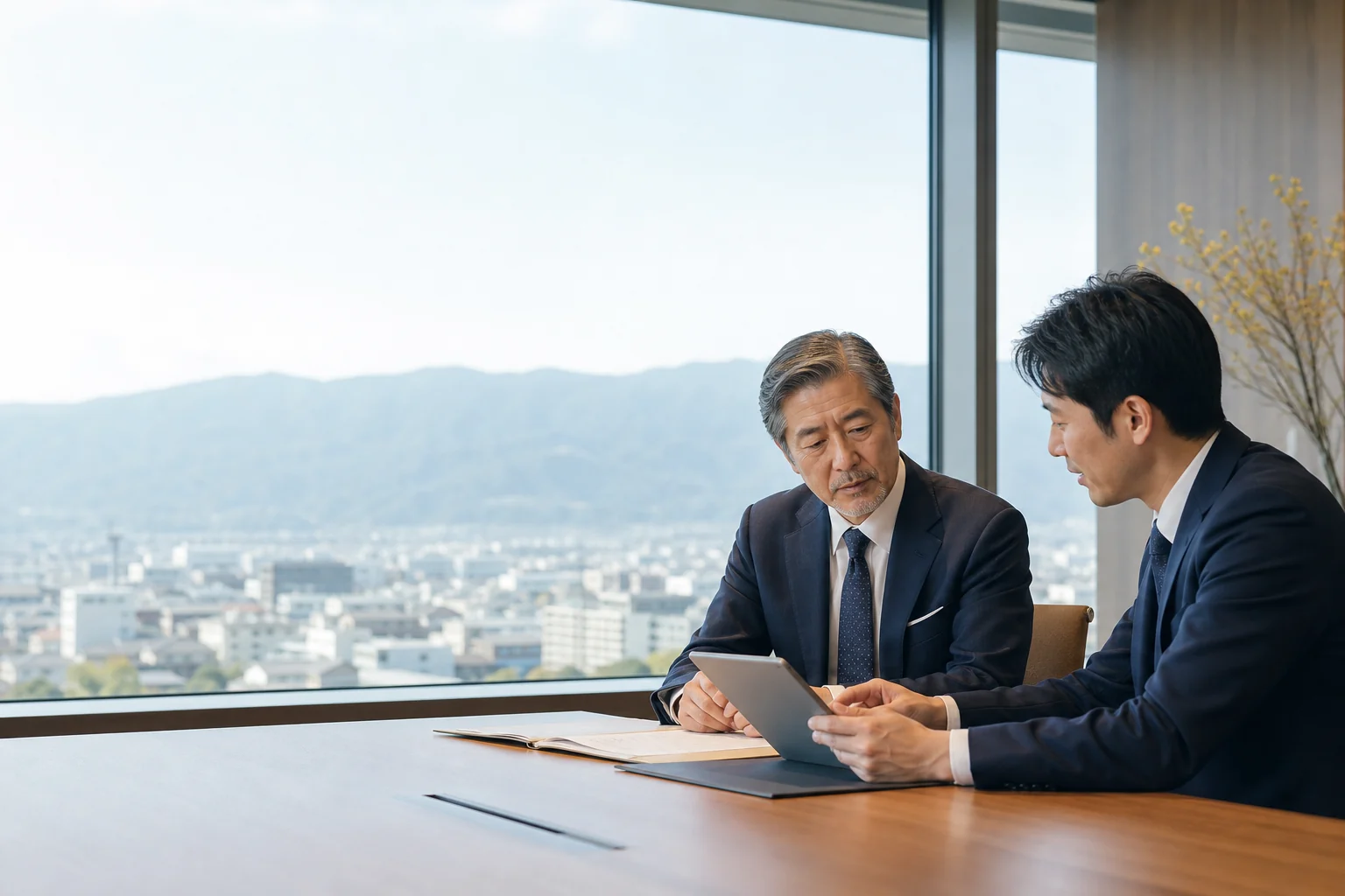 甲府盆地を背景に事業承継の計画を確認する経営者とアドバイザーの生成イメージ